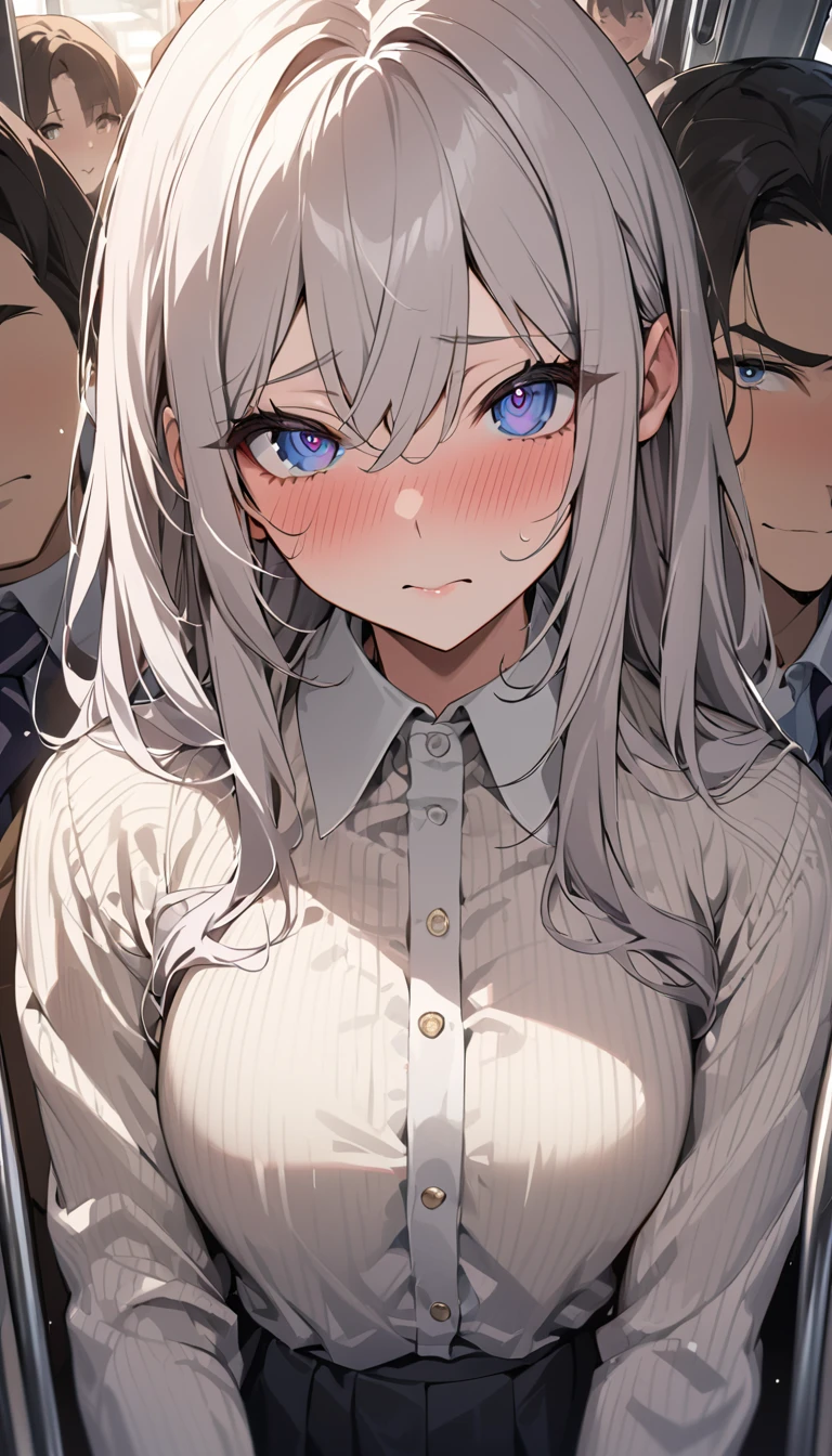 masterpiece, High resolution, perfect face, Japan beauties, 30 years old, beautiful face, in the crowded train, high school student, embarrassed look, look at the camera, (top quality eyes), detailed texture, Look at me, Married woman, cool women, ((high resolution eyes)), hentai