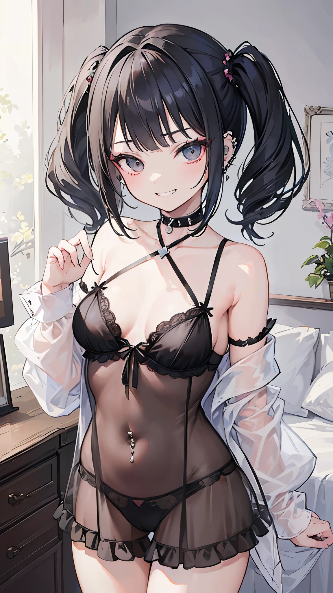 (masterpiece、Highest quality、Very detailed))、One girl、Black Hair、short hair、twintails、blunt bangs、Grey Eyes、evil smile、((Grin))、((lots of piercing))、Small breasts、((white negligee))、Cowboy Shot、Bedroom Background