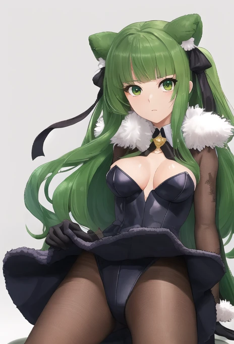 score_9, score_8_superior, score_7_superior, sauce_Anime BREAK 1 Girl, alone, Kilo, Green Eyes, Green Hair, Long Hair, hair band, Black Hair Ribbon, Fur trim, Grey leotard, black sleeves, Long sleeve, Black Skirt, pantyhose, gloves