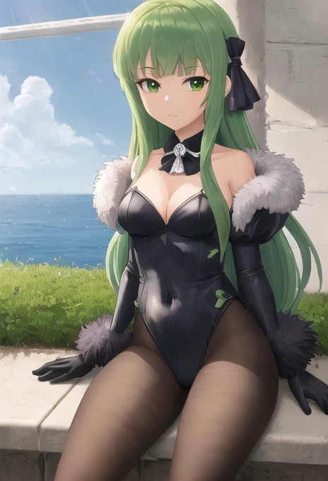 score_9, score_8_superior, score_7_superior, sauce_Anime BREAK 1 Girl, alone, Kilo, Green Eyes, Green Hair, Long Hair, hair band, Black Hair Ribbon, Fur trim, Grey leotard, black sleeves, Long sleeve, Black Skirt, pantyhose, gloves