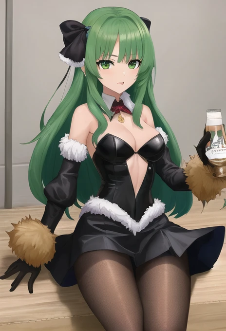 score_9, score_8_superior, score_7_superior, sauce_Anime BREAK 1 Girl, alone, Kilo, Green Eyes, Green Hair, Long Hair, hair band, Black Hair Ribbon, Fur trim, Grey leotard, black sleeves, Long sleeve, Black Skirt, pantyhose, gloves