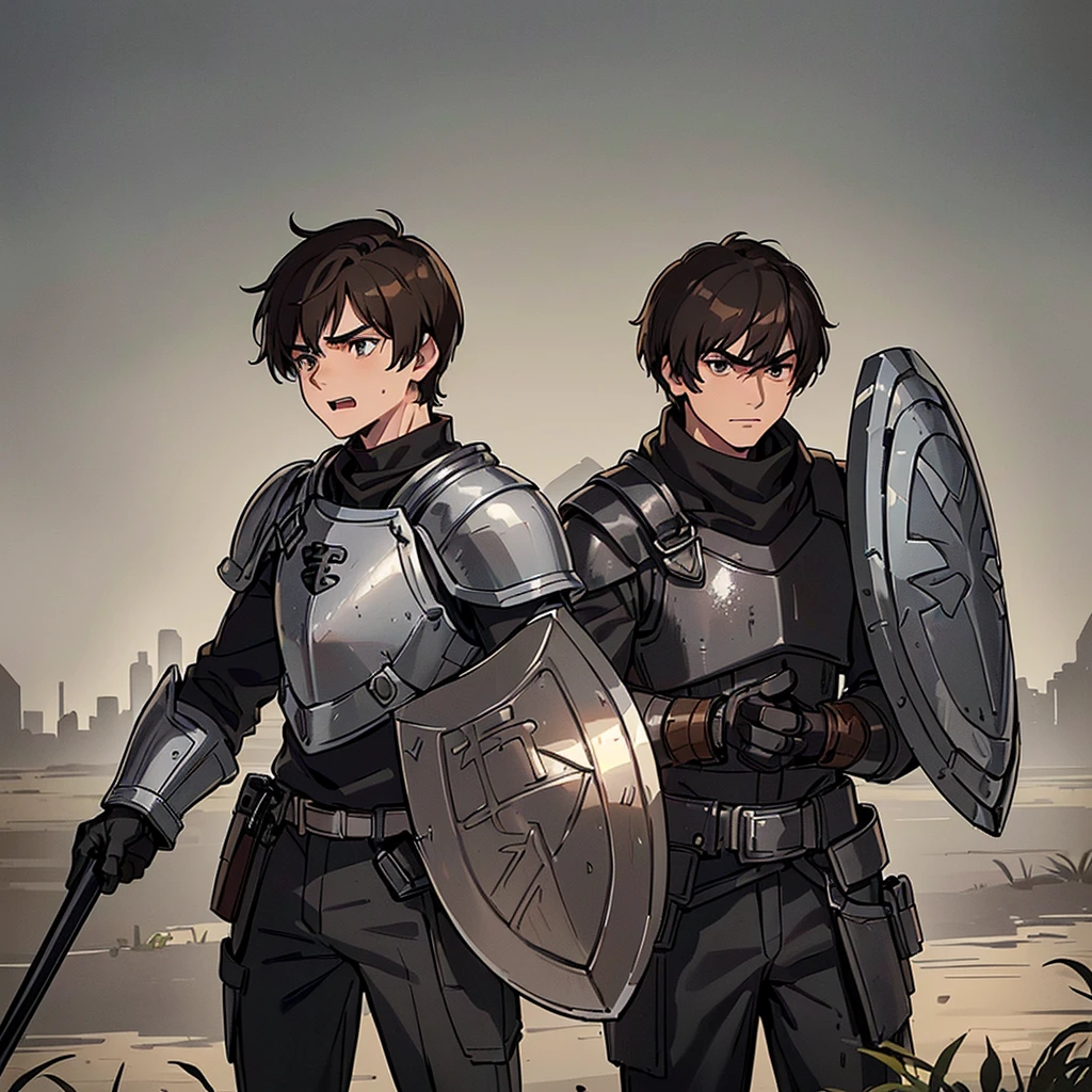((((Solo))))、((((Hold your shield))))、Best illustrations、Best Quality、(((Simple grey armor、Black trousers、Black gloves、Short Hair、Brown Hair、20 year old man)))、(Old ruins、desert。Grass)、(Black, muddy swamp)、(get annoyed、Open your mouth、Get angry)、battlefield、(White background)
