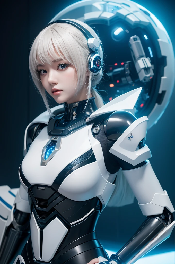 ((Extreme close up:1.6))、(((Lenses shining on both breasts:1.3)))、((A blue pillar of light emanates from both of his chests..:1.3))、break、(((Dynamic pose:1.8)))、smile、((8K)), ((32k)), ((Highest quality)), ((masterpiece)), ((超A high resolution)), ((Tmasterpiece)), ((Halation:1.4))、((Mechaニカルheadgear:1.2))、((Cyber Headphones:1.3))Fine skin, High quality fabric, High-quality metal texture、((Beautiful and dense face))、RAW Photos、Professional, Ultra-fine painting, ((alone)), Beautiful breasts、Highest quality, Very detailed, Very detailed詳細, Finer details, so beautiful, ((Princess Knight Robot:1.2)), (Joint of the machine, Mechanical Limbs:1.3), (The internal structure of the machine is exposed:1.3), (Long silver hair:1.1), (Beautiful and huge mechanical breasts)、White Veil, cowboy_shot, Side Focus, headgear, Shiny、(Five Fingers, Four fingers and thumb),Concept Art, Anime fantasy artwork, Detailed fantasy art, (with pale blue-violet hair and large white wings,,,,,,,,), (((Long silver hair))), (Mecha:1.6)、Sleek and intimidating design, ((Commander-in-Chief'arm)), (Perfect robot body)、純白と青紫のarmまたは, Symmetrical wings, 8K High Resolution, Detailed Art, 3D rendering of character art in 8K, neat legs, Defined, Defined fingers,((headshot:1.3))