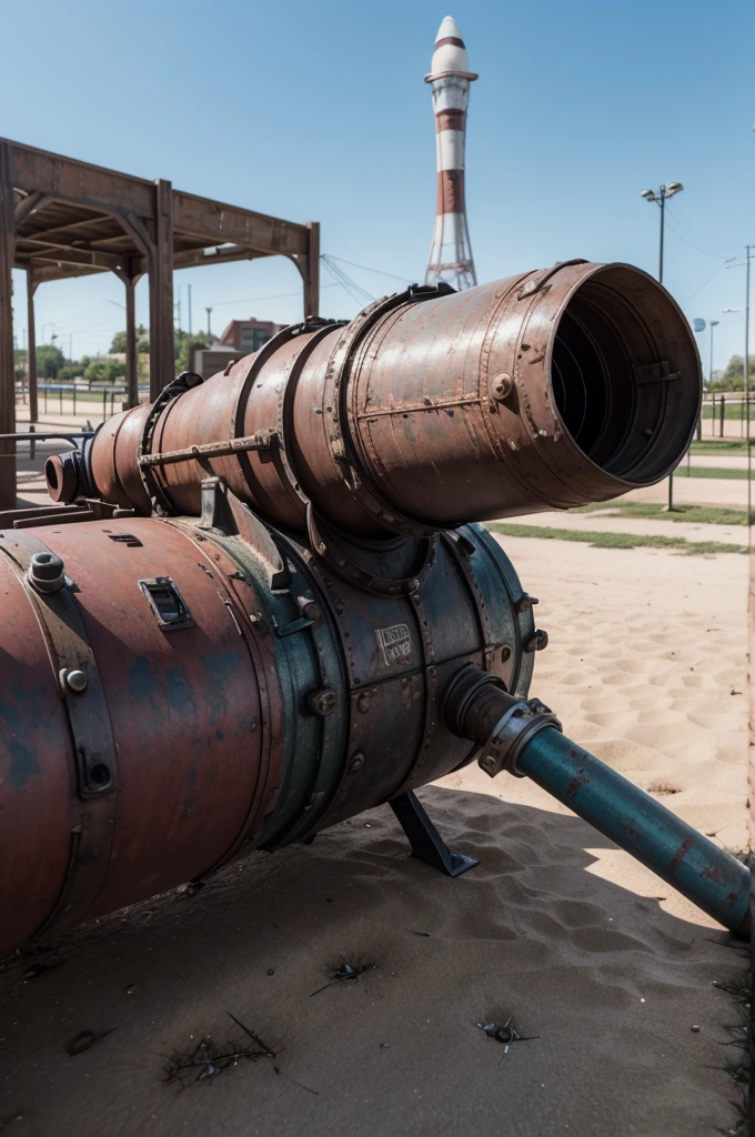 Create a highly realistic, 4K image of a rusty, dirty rocket spring rider in a playground. The rocket should have faded, chipped paint with visible rust spots and dirt smudges. The metal spring should be heavily rusted, with worn-out areas. The concrete base should have cracks and dirt buildup. Focus on detailed textures of the rust, dirt, and wear on the rocket. Use natural lighting to highlight the aged and neglected condition of the toy.