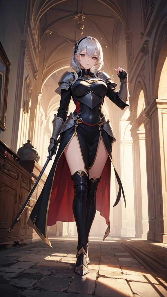 (masterpiece, 4K ,Super detailed:1.2), (anime:1), (Perfect quality), The whole body is shown, View Viewer, Female Knight, Full Body Art, Silver Hair, White skin, Red iris eyes, Knight's full plate decorated armor, Silver Cape, Perfect detail
