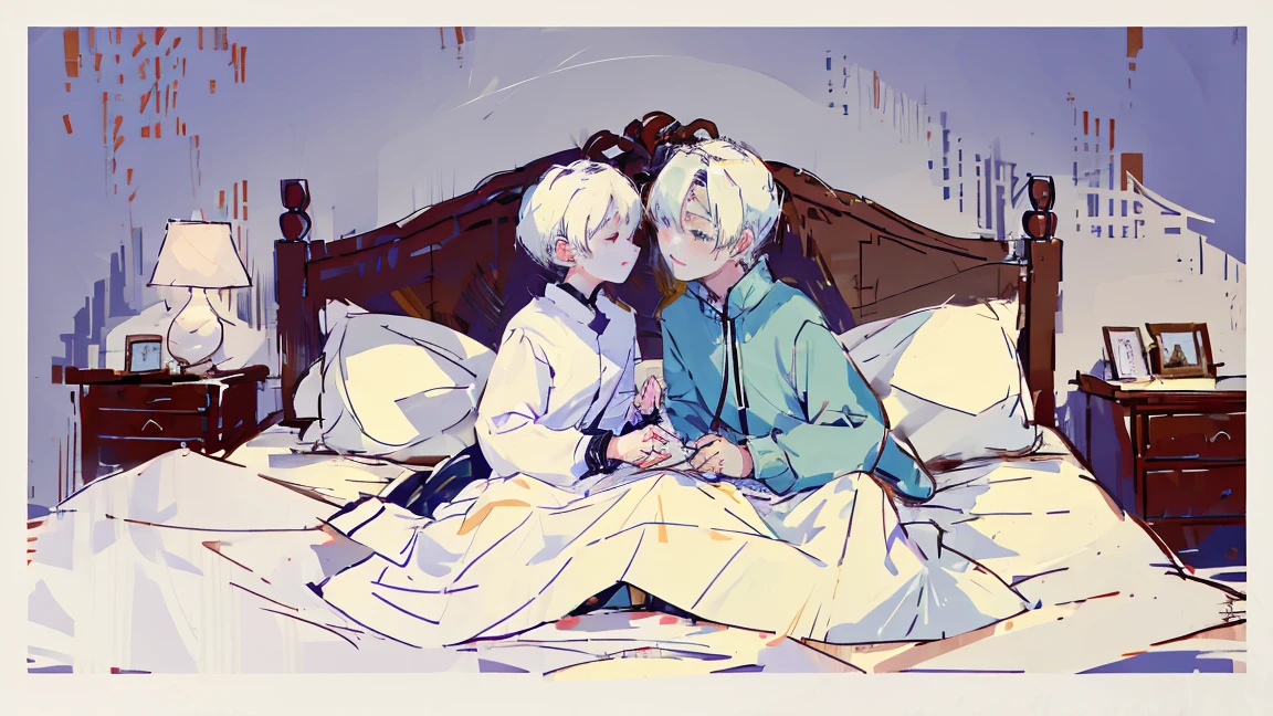 Bed、Two people、Handsome Men and Beautiful Women、White Hair、lie down、room