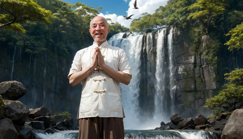 A middle-aged rather thin oriental man with a bald short beard puts his hands together，Showing goodbye，Eyes looking into the camera，Wearing a two-piece light-colored Chinese dress，Standing in the forest with waterfall，There are birds flying，There are white clouds in the blue sky，There is a rainbow above the waterfall，Beautiful and high-definition picture，The details are very clear，With depth of field