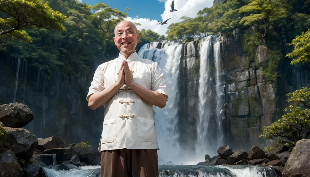 A middle-aged rather thin oriental man with a bald short beard puts his hands together，Showing goodbye，Eyes looking into the camera，Wearing a two-piece light-colored Chinese dress，Standing in the forest with waterfall，There are birds flying，There are white clouds in the blue sky，There is a rainbow above the waterfall，Beautiful and high-definition picture，The details are very clear，With depth of field