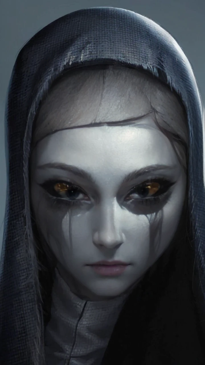 (masterpiece, best quality:1.4), portrait Solo, 50 years old, Pure blond straight hair, black clothes, (long hair) (((straight hair))), Detailed hair, Blue Eyes, beautiful eyes, light on the face, pale skin, a 50 year old mysterious, dark, woman, nun,