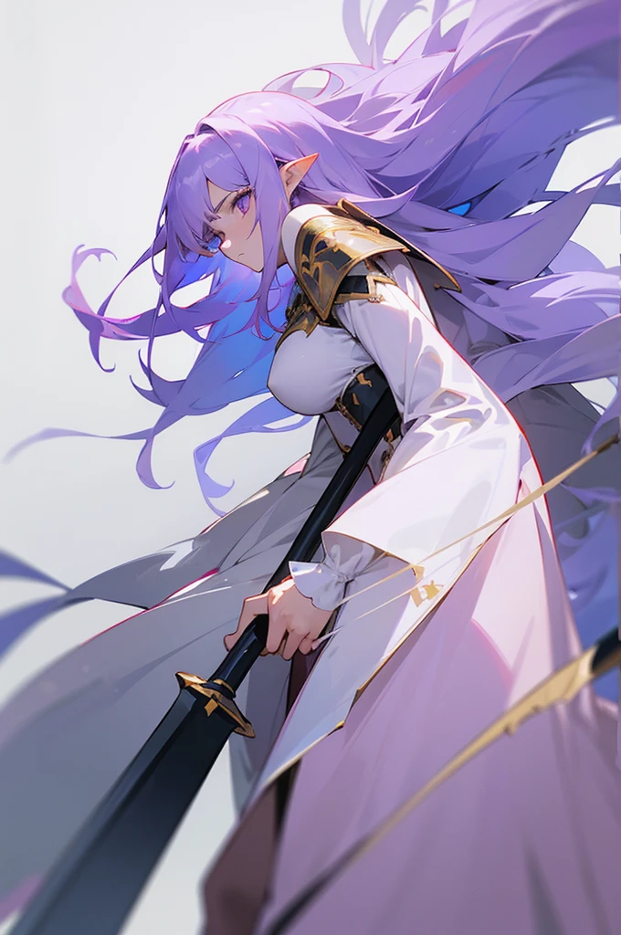 (Beautiful woman,Royal Knights),Light purple hair、Long Hair、Portrait of a noble knight,Speed Line,Combat Stance,Wield a huge weapon,Expressionless,Faint-hearted face、the below described,magma,Big Scythe、Stocky body、Shoulders out、White background、Fullbody、White clothes、Human ear、alone、Facing forward