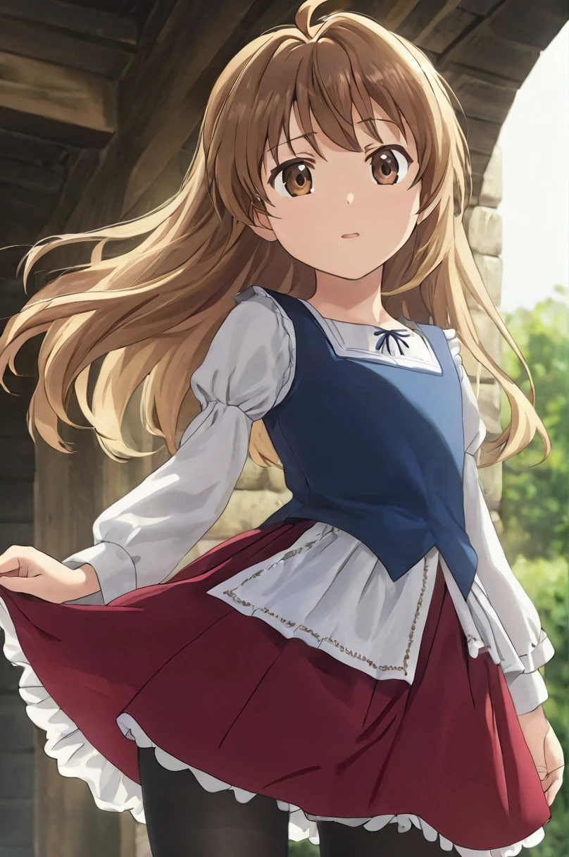  girl underwear,Aisaka Taiga、Realistic bloomers made from patterned cotton fabric, Medieval one-piece dress with panniers, Fabric Realism, Low - Angle, I see bloomers, Pull up the dress by hand, Strong winds, Translucent slip, Translucent slip, tights, Highest quality, whole body