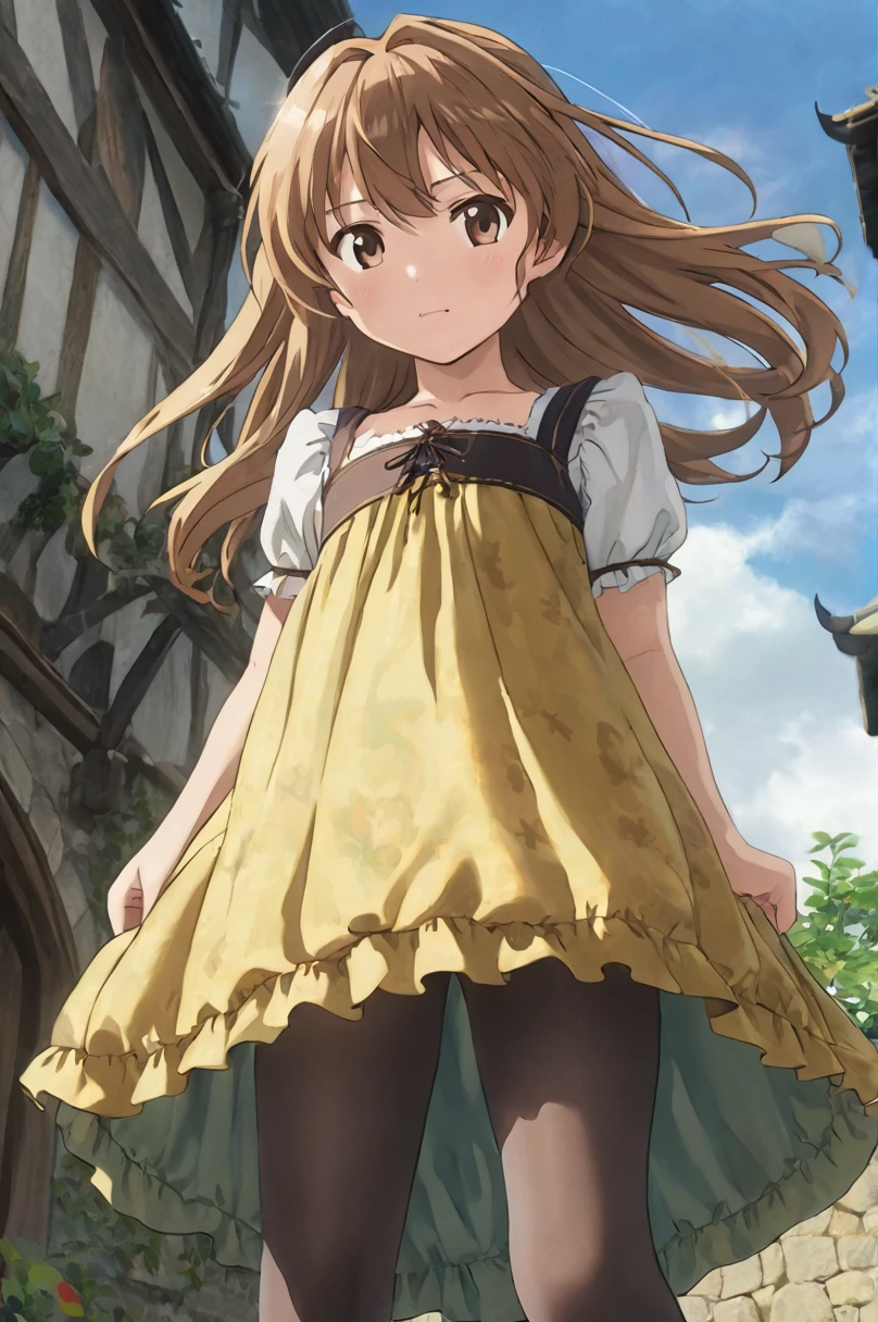 10 year old girl underwear,Aisaka Taiga、Realistic bloomers made from patterned cotton fabric, Medieval one-piece dress with panniers, Fabric Realism, Low - Angle, I see bloomers, Pull up the dress by hand, Strong winds, Translucent slip, Translucent slip, tights, Highest quality, whole body