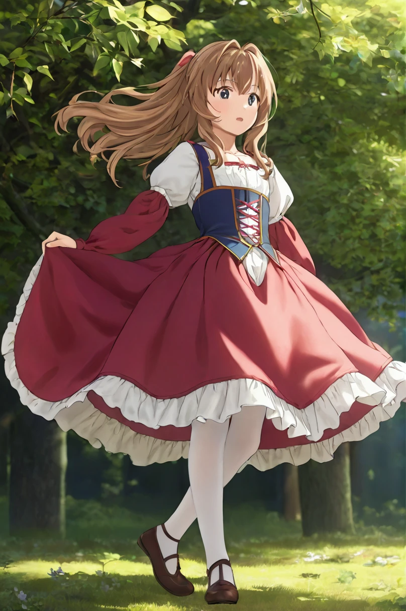 10 year old girl underwear,Aisaka Taiga、Realistic bloomers made from patterned cotton fabric, Medieval one-piece dress with panniers, Fabric Realism, Low - Angle, I see bloomers, Pull up the dress by hand, Strong winds, Translucent slip, Translucent slip, tights, Highest quality, whole body