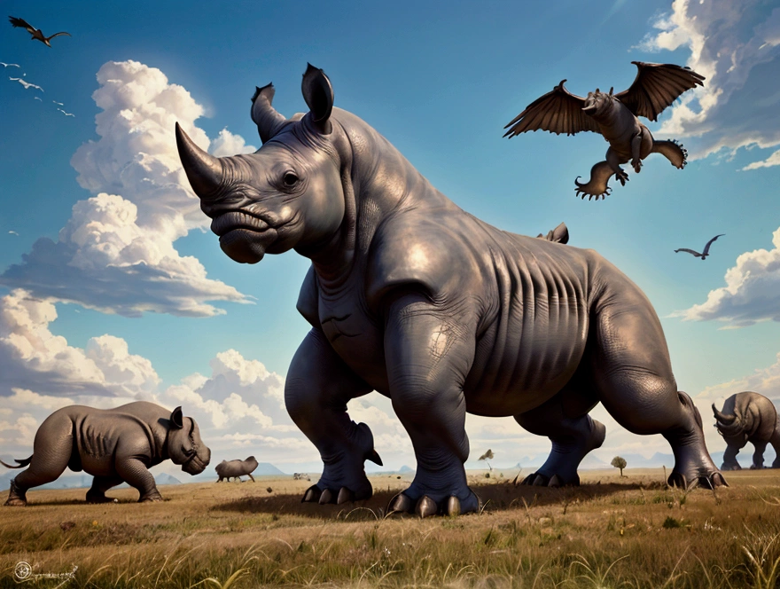 (best quality, masterpiece) a creature with combination of rhino and t-rex, the legs are look like t-rex, grass floor, birds in sky, blue sky, landscape