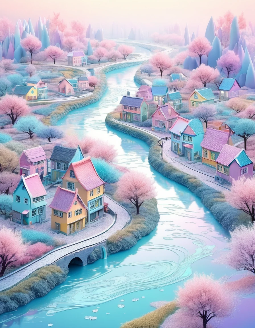 scenery of rural town with miniature river running through it, glitter effect, pastel color effect, fantasy art, conceptual installation art, 2.5D, delicate and dynamic