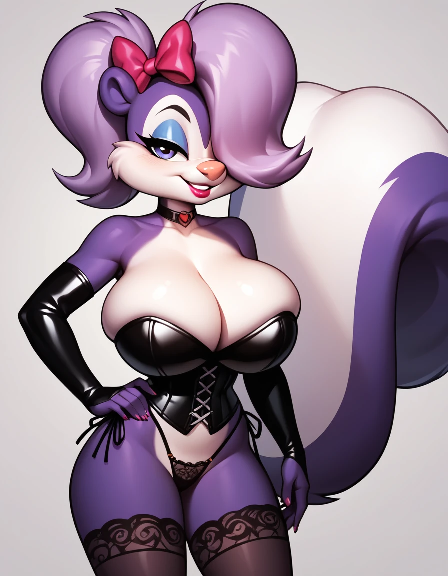 score_9, score_8_up, score_7_up, score_6_up, masterpiece, perfect face, perfect hands, high quality, source_cartoon, (1girl, solo,) fifi, skunk, anthro, hair bow, purple body, hair over one eye, high leg cut, black elbow gloves, black corset, Bustier, huge breasts, side-tie panties, micro panties, lace stockings, lipstick, cleavage,