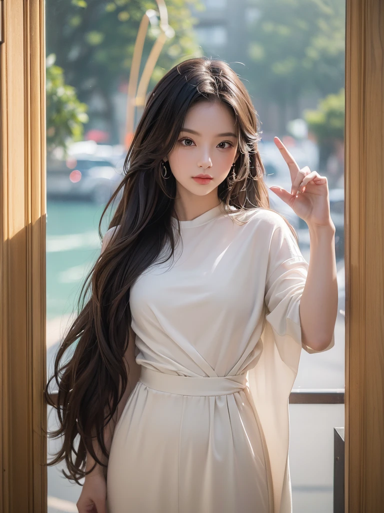 ((best qualityer, 8K, work of art: 1.3)), 1 girl, pretty, Longhaire, estilo selfie