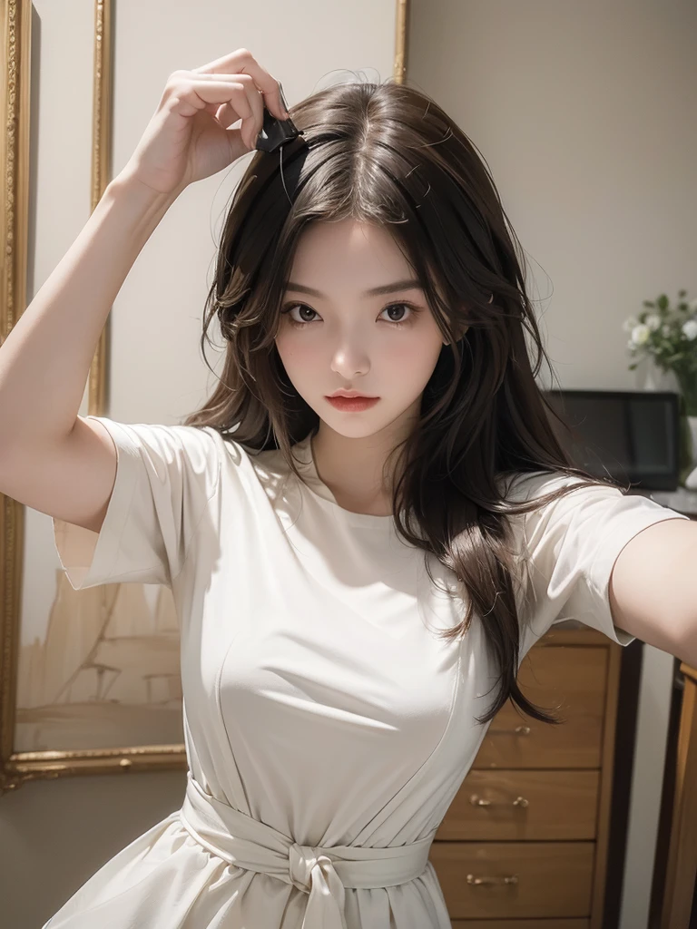 a Korean girl with an oval face, clear and radiant skin, and large, almond-shaped eyes in a very light brown that sparkle expressively. Her long, straight hair is a striking cherry red that complements her skin and highlights her delicate features. Her small, straight nose harmonizes perfectly with her well-defined, naturally pink lips. She exudes natural elegance with an upright posture.

Standing in front of a tiled wall, possibly in a bathroom, She wears a black sleeveless top that contrasts with her skin tone. Her dark hair falls elegantly over her shoulders, framing her face. One arm is visible, with her hand slightly raised and fingers curved, while the other arm is partially out of view.

This pose conveys a sense of confidence and relaxation. Her posture is casual, with a touch of attitude reflected in the position of her visible hand and arm. Her makeup is natural with a subtle highlighter that enhances her clear complexion, and her overall appearance blends a classic, feminine style with a modern, confident edge.