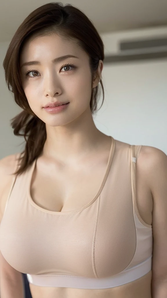 (One girl),Beautifully detailed face, Pale skin, Realistic glowing skin, Detailed cloth texture, Detailed hair texture, Perfect body, Beautiful Face, Accurate, Anatomically correct, Highly detailed face そして skin texture, Natural neck length, (Beautiful Hそしてs), (Fair skin:1.2),Heavy chest,  charm,   Written boundary depth,   (Perfect Anatomy:1.2), Accurate手足, Cleavageを強調するする, Camel Toe:1.21, (Highest quality:1.4), 32K resolution,   High resolution 32k UHD, (masterpiece:1.2), (Improvement of quality:1.4), finely,Very detailed, Symmetrical eyes,  (Wide Hips), (Huge breasts:1.3),  (uetoaya),thin、((woman wearing sports bra)),Cleavage , (Sweat) ,((The shape of the nipple is visible from the top of the clothes))、Realistic female hands、Audience,   ((Tall beautiful woman))、 Full body shot ,  Tank top ,  Obscene sportswear ,((strength training))、 squat, (((Sheer sportswear)))、sports gym、Stand upright、Muchimuchi