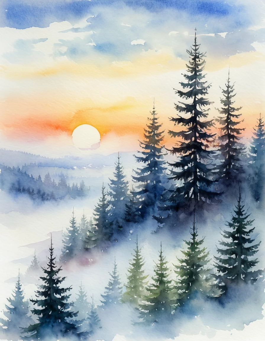 Paparotniks at sunset in the fog, beautiful fir trees in the background,gentle clouds,white fog, Stefan Kolesnikov+Konstantin Moskovsky, watercolor