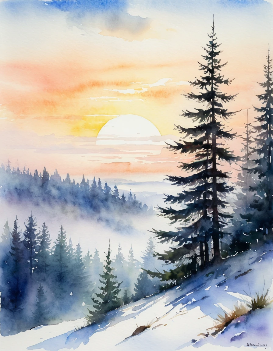 Paparotniks at sunset in the fog, beautiful fir trees in the background,gentle clouds,white fog, Stefan Kolesnikov+Konstantin Moskovsky, watercolor