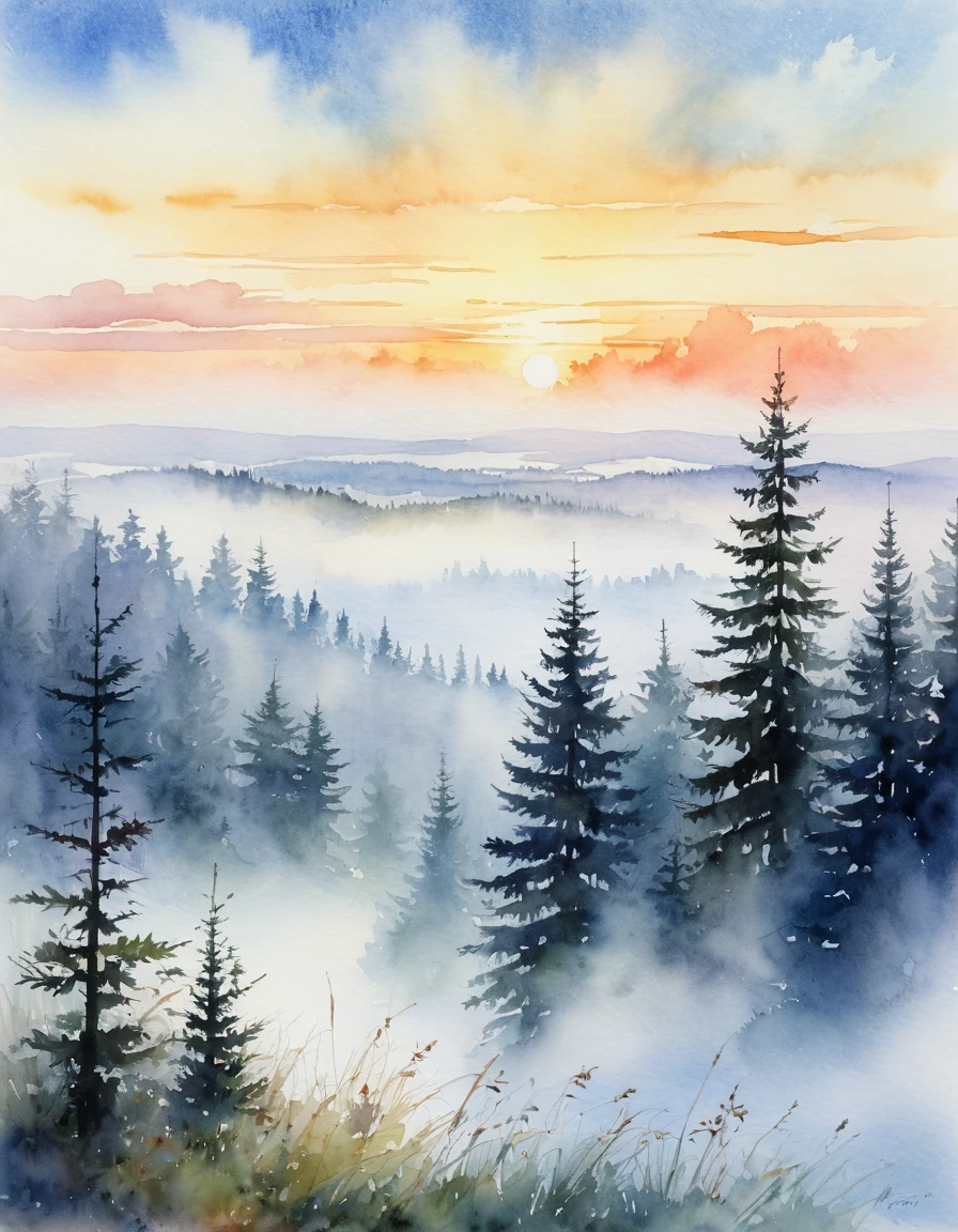 Paparotniks at sunset in the fog, beautiful fir trees in the background,gentle clouds,white fog, Stefan Kolesnikov+Konstantin Moskovsky, watercolor