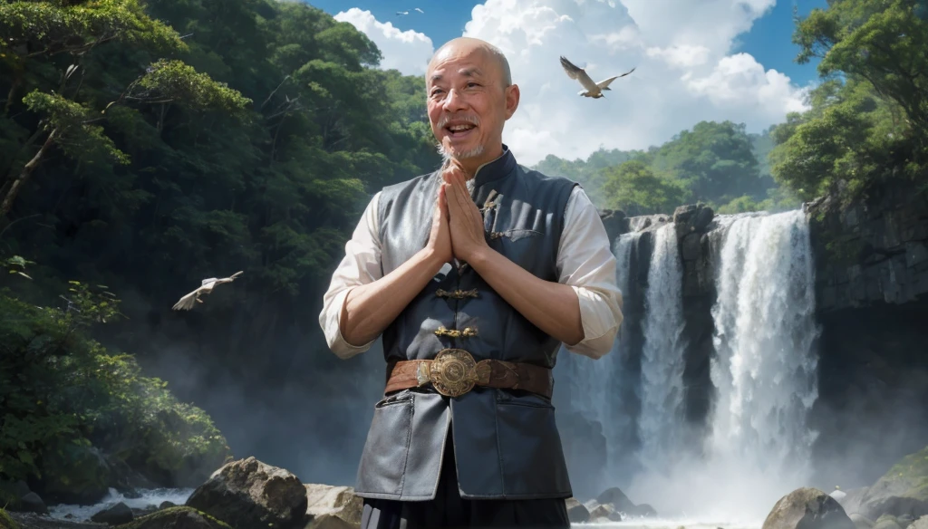 A middle-aged rather thin oriental man with a bald short beard puts his hands together，Showing goodbye，Eyes looking into the camera，Wearing a two-piece light-colored Chinese dress，Standing in the forest with waterfall，There are birds flying，There are white clouds in the blue sky，There is a rainbow above the waterfall，Beautiful and high-definition picture，The details are very clear，With depth of field