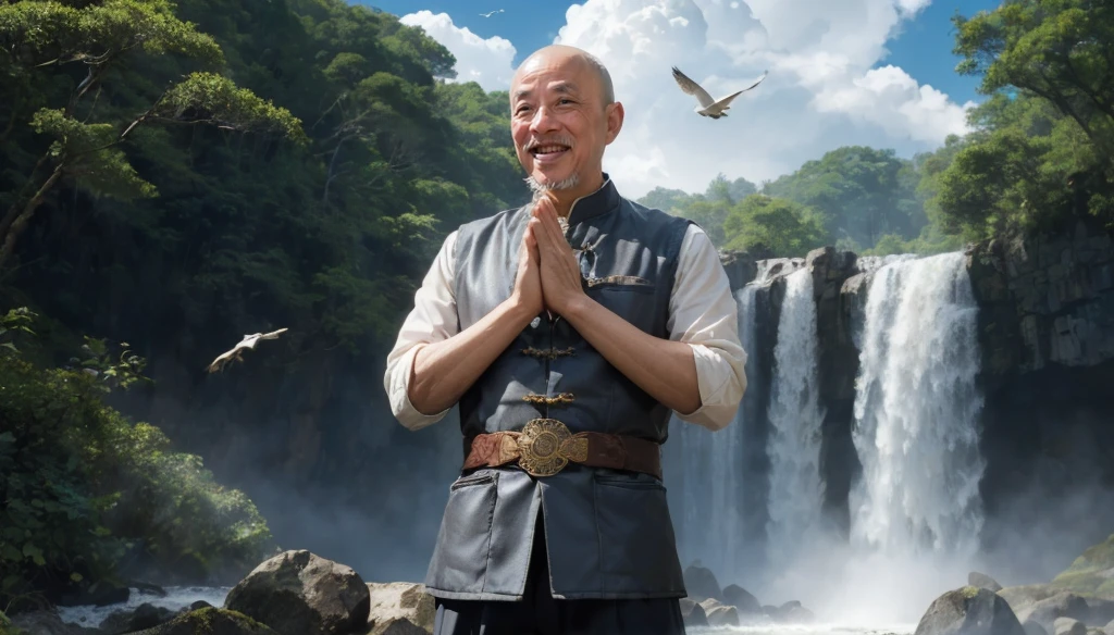 A middle-aged rather thin oriental man with a bald short beard puts his hands together，Showing goodbye，Eyes looking into the camera，Wearing a two-piece light-colored Chinese dress，Standing in the forest with waterfall，There are birds flying，There are white clouds in the blue sky，There is a rainbow above the waterfall，Beautiful and high-definition picture，The details are very clear，With depth of field