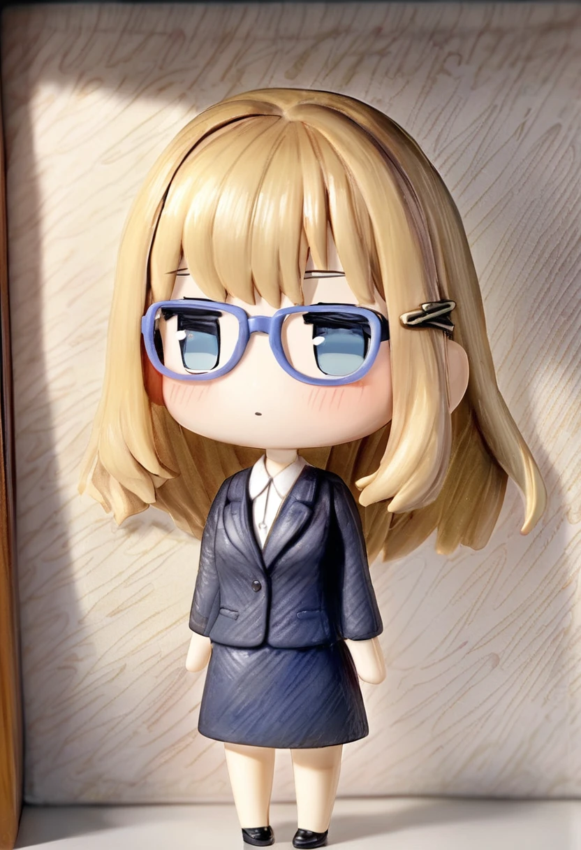 there is a doll with glasses on a shelf in a room, style as nendoroid, ( highly detailed figure ), nendoroid 3 d, wearing a suit and glasses, arms up,open mouth,nendoroid, with glasses, water color nendoroid, super highly detailed, eyes in the style of nendoroid, captured on canon eos r 6, very very high detailed