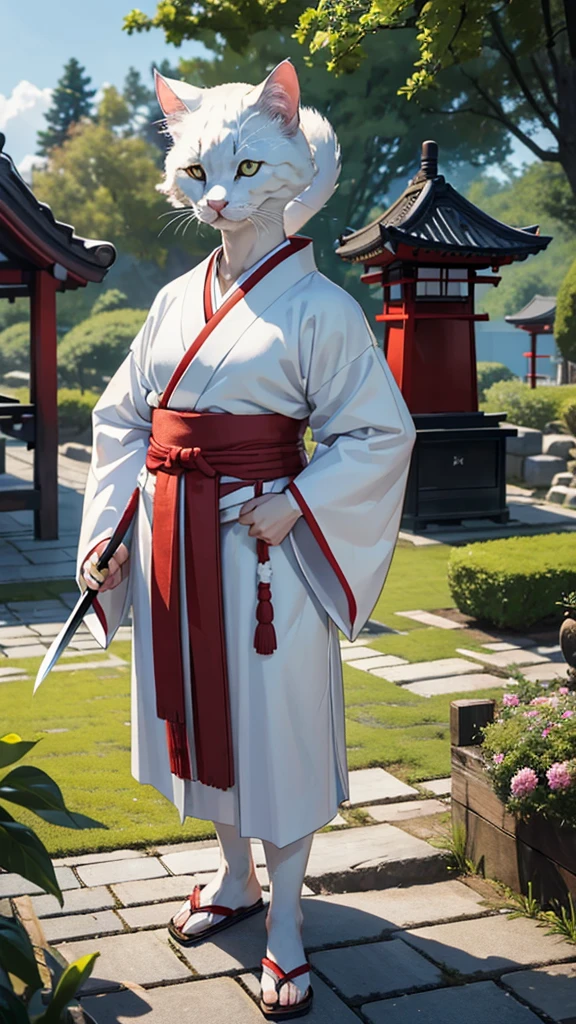 (((8k))), (((High resolution))),((Highest quality)),A white cat wearing a kimono,muscle,Bipedal,upright,Short,3 heads,Serious face,samurai,knife,Shrine garden,SakuraFubuki,Ultra-realistic,8k,Ultra-fine,Super detailed