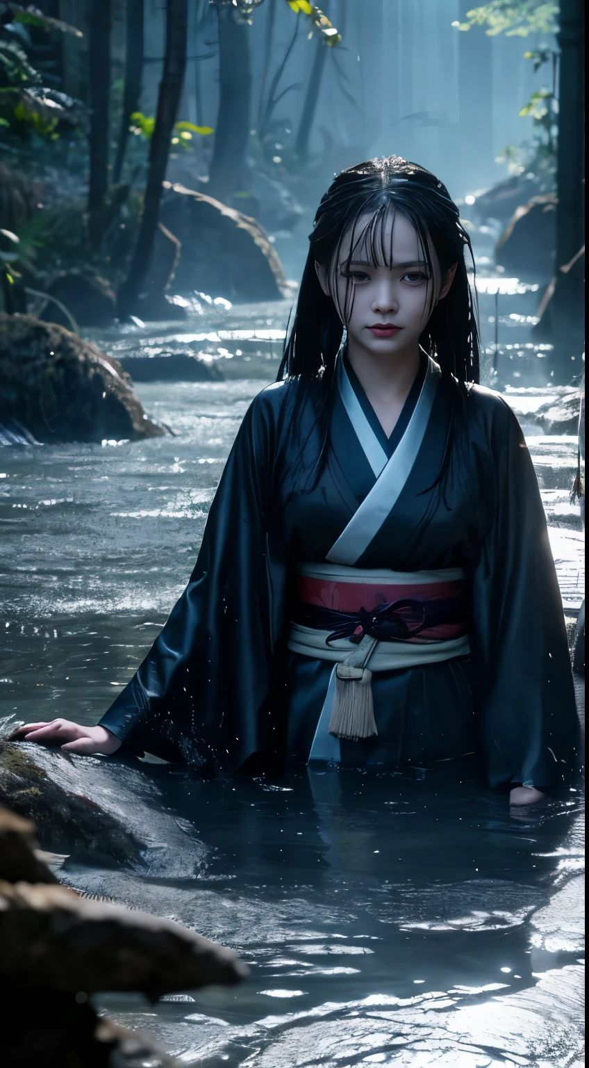 Create an ultra-realistic and terrifying image of a Nuronna, a fearsome water spirit from Japanese folklore, depicted in an exaggerated and eerie manner.
Nuronna's Exaggerated Appearance:
Enormous Wet Kimono:
The kimono is exceptionally large, trailing on the ground with a length that seems almost supernatural. It is constantly wet, hanging heavily as if soaked in water.
The color of the kimono is a deep blue or black, with water droplets continuously dripping from it.
Abnormally Long Black Hair:
The hair is extraordinarily long, reaching down to her waist. It is always wet, with water droplets endlessly falling from the tips.
The hair appears tangled and moves as if alive, writhing like snakes.
Pale Blue Skin:
Her skin is an unnatural, pale blue, evoking the coldness of death.
Water droplets glisten on her skin, giving the impression of an icy chill emanating from her body.
Large, Haunting Eyes:
Her eyes are abnormally large, glowing with an eerie light. The pupils are cold blue or green, instilling intense fear in those who gaze into them.
Dark shadows surround her eyes, and it appears as if she is perpetually weeping.
Sharp Claws:
Her fingertips end in long, sharp claws, perfect for dragging her victims into the water.
The claws glisten with water droplets, reflecting a cold, ominous light.
Sinister Smile:
Her mouth is twisted into a sinister smile, revealing sharp teeth.
The smile is cold and contemptuous, as if she is mocking humanity.
Water Puddles at Her Feet:
Wherever she walks, puddles of water form at her feet.
Water drips from her footsteps, soaking the ground around her.
Water Flowing from Her Back:
Water continuously flows down her back, resembling a small waterfall.
This water is ice-cold, giving a sense of freezing upon touch.
Illustration Image:
Background: Set in a dark forest, abandoned ruins, or near a riverbank, creating a dim and eerie atmosphere.
Overall Silhouette: The large kimono and long hair are emphasized, creating an imposing pr