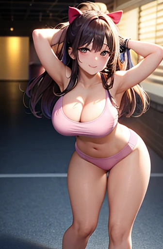 ((8k, RAW Photos, Highest quality, Tabletop), High Resolution RAW Color Photo Professional Close-up Photo, (Realistic, Photorealism:1. 37), (Highest quality), (Best Shadow), (Best illustrations), ((erotic, sexy, )) Ultra-high resolution, 非常に精細なCG統合8k壁紙, Physically Based Rendering, Cinema Lighting), 1 school 18 year old girl , Straight hair,(Large Breasts), (Pink semi-transparent sports bra:1.1), ((Half court on the outside:1.2)), Cleavage, Beautiful attention to detail,  (aegyo sal), Light on the face, ((Full Body Shot)), Particularly strong light, Feminine expression,  shy,  ((Seductive posture, Charm, sexy Posing:1.2)), smile, (Perfect Fingers), (Urzan-6500-v1.1:0.2)
