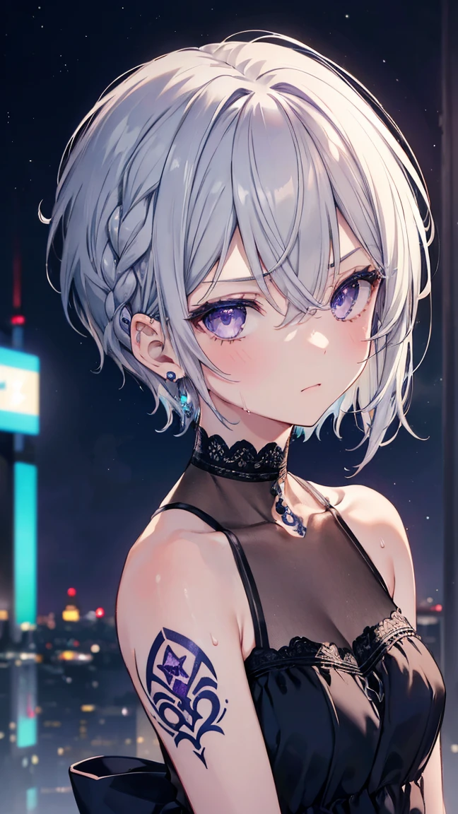 High resolution,high resolution,Girl,(Braiding,Gray Hair,Short Hair,Blue accent color),Purple Eyes,Slanted Eyes,Bad mood,boyish,slender,Night Dress,party,Tattoo,,Earrings,Starry Sky,choker,Wet with sweat,