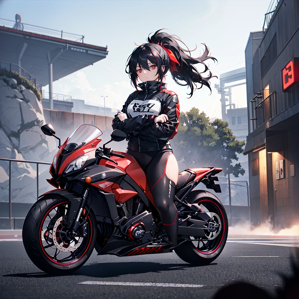 ((((Female rider、forward leaning posture Full Body Tights、Black Red Motorcycle、get on)))) (((Black Hair、ponytail、Blowing in the Wind Bright red eyes))) ((Expressway、night)) Shining Edge Shining Background