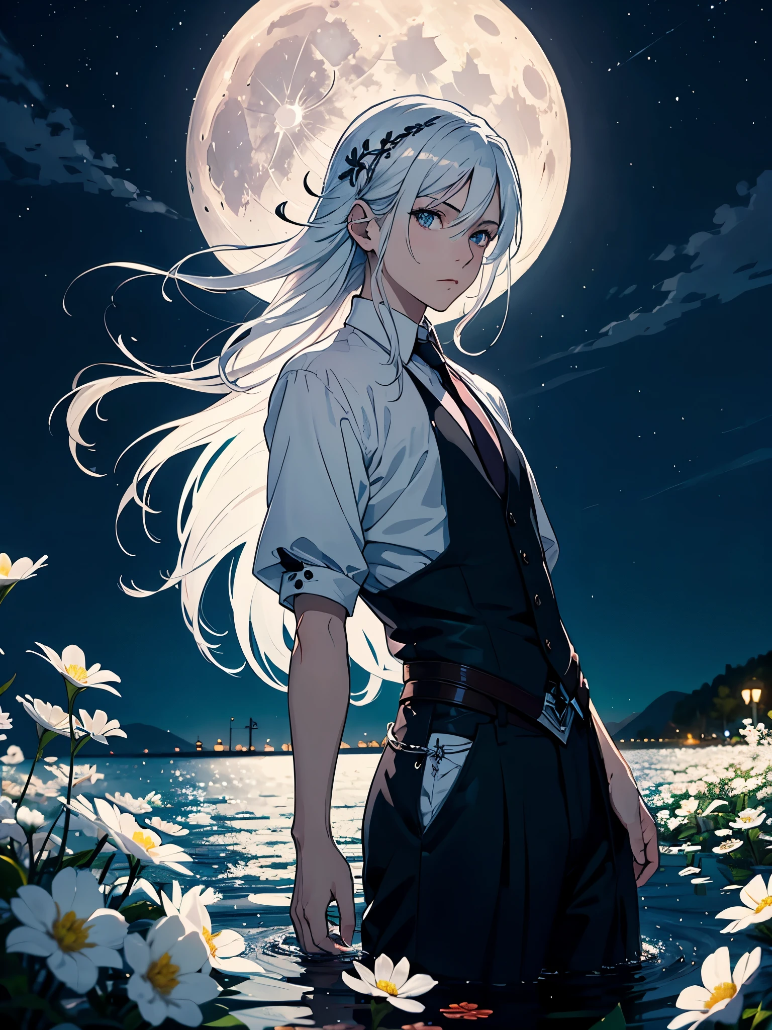 Mit Rock. Im Kleid. Blut.  Engel. Viele weoße vögel. More anime. light blue light. Bright bright light. magical. Moon. White flowers. male. Long hair. long white hair. aquatic, boy, God of the Moon, silver hair accessories, White hair. 