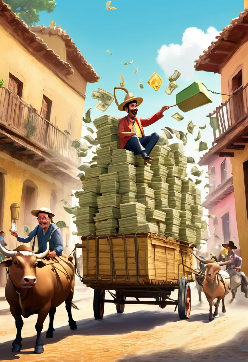 there is an ox pulling a cart with hanging suitcases full of money with people riding on it, by Rafael Ritz, by Robert Combas, por Zoltan Boros, by Carlos Berlanga, memes, by Ignacio Zuloaga, by Rodolfo Amoedo, by Veno Pilon, by Milton Menasco, by Américo Makk, by Hirosada II