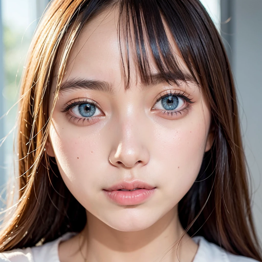 (Masterpiece), Realistic, (Portrait of a Girl) Asian 1.5, beautiful face, sun light, cinematic light, bangs, beautiful woman, beautiful eyes, blonde hair, perfect anatomy, very pretty, princess eyes , (blue eyes), (head frame), center image, standardized, bioluminescence, 8 life size, 8K resolution anatomyAnatomy, White Low Cut Dress, Tiny Blue Details, Human Hands, Curiously Perfect, Elegant, Near Perfect, Dynamic, Highly Detailed, Character Sheet, Concept Art, Smooth, Facing Viewer, Body Symmetrical & Well Balanced, Stunningly Beautiful age Girl DetailHair Styles