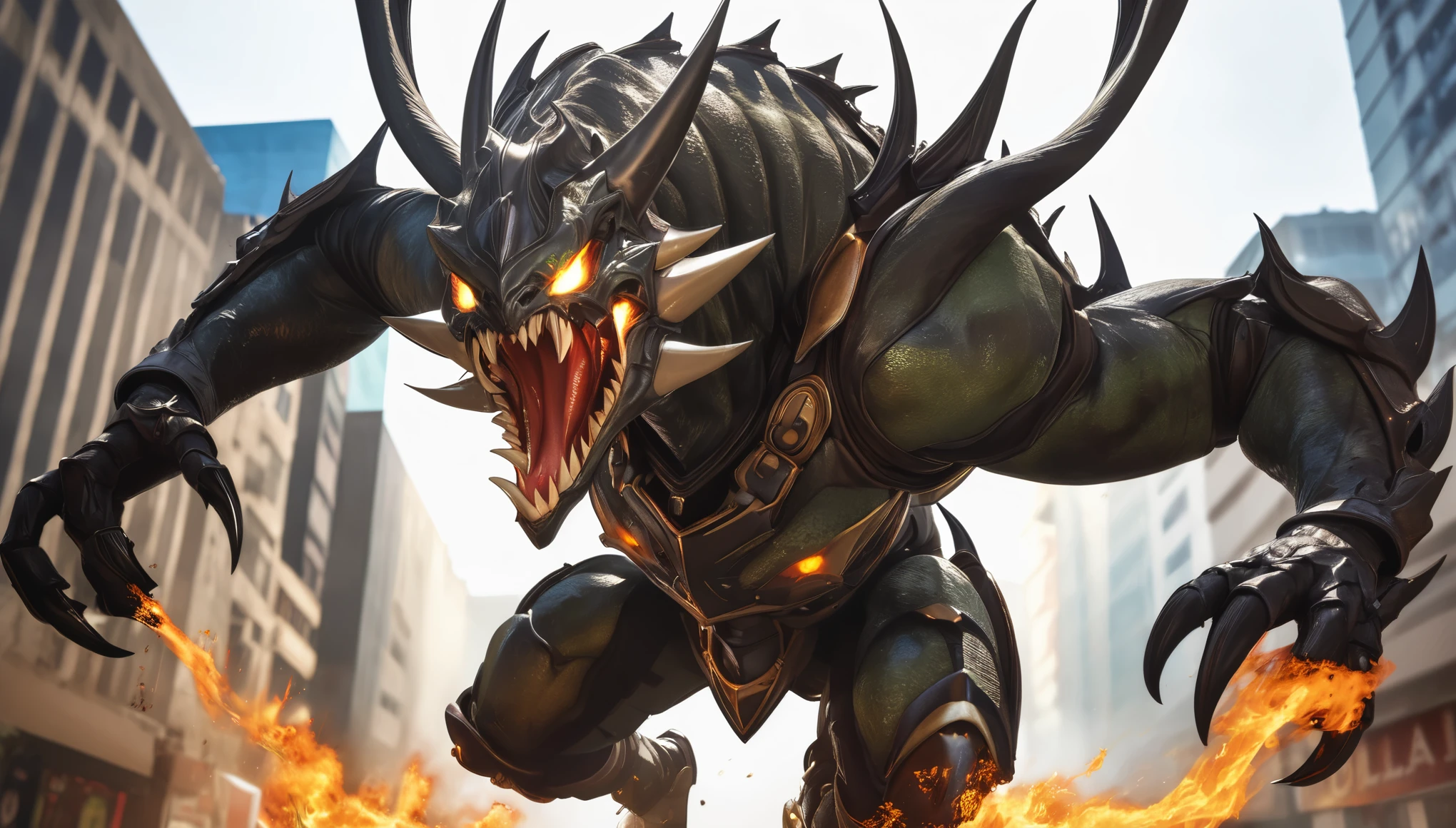 Realistic photos, RAW Photos, Dullahan, attacks viewer, Powerful movements, jump on prey, ((Dynamic jump)), Sharp Claws, Dullahan approaching from above, sudden approach, Bad-tempered, dynamic Shot from grand