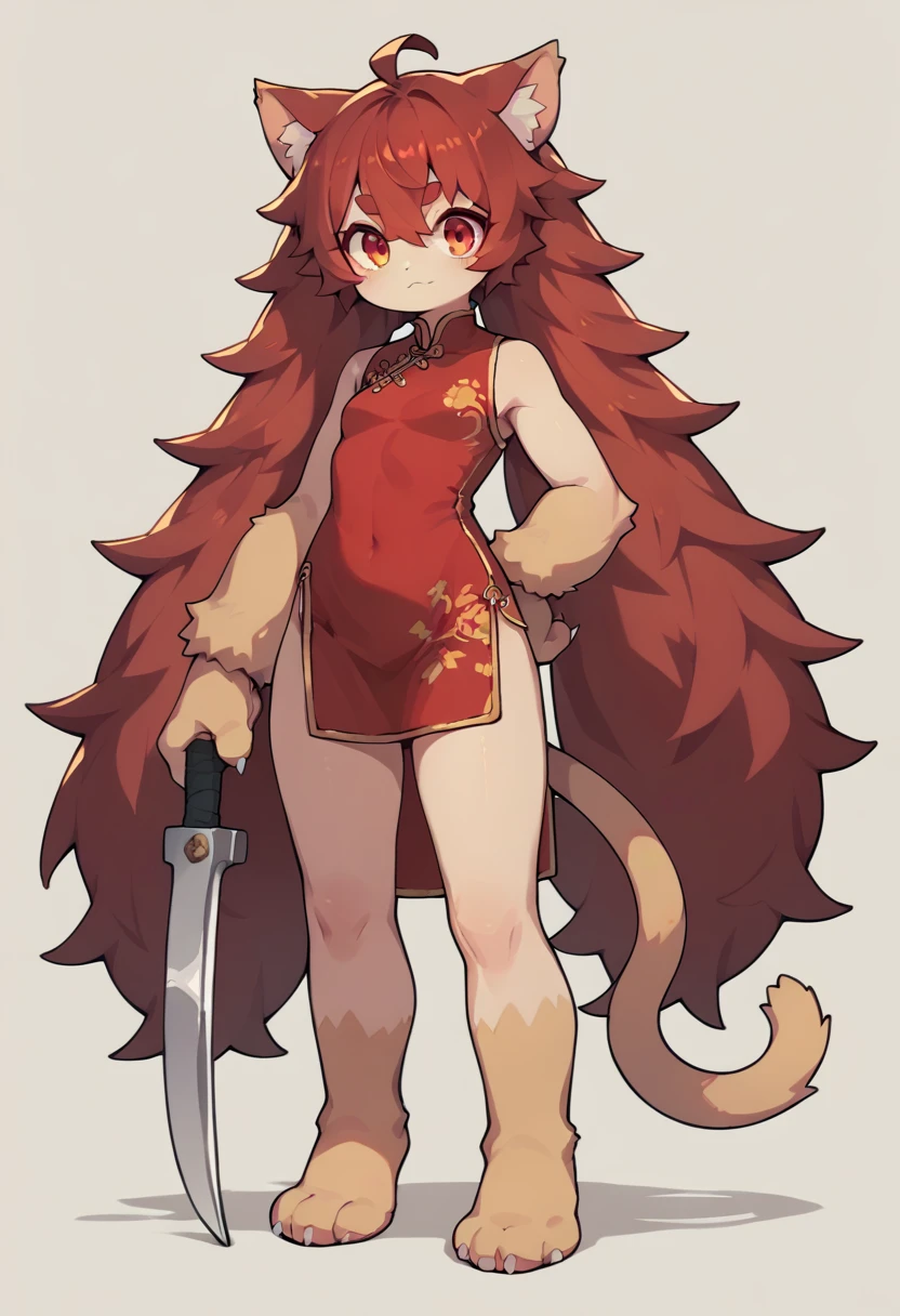 Cat Girl,cheongsam,Very long hair,The tail is very big and long,Cat ear,hairy,Red Hair,Cute appearance,A sickle and hammer hung around his neck.Big Paws,Standing posture.thigh,Red hair,Solid color background