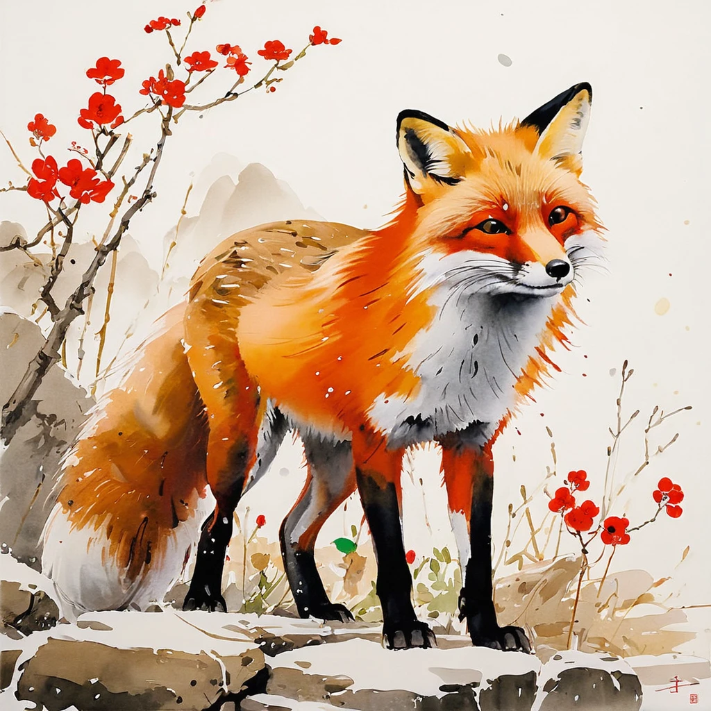 by Wu Guanzhong, paint and wash, red fox, (por Richard Scarry:0.6), (best qualityer, Perfect masterpiece, Representative work, offcial art, proffesional, High details, ultra intricate detailed:1.3)