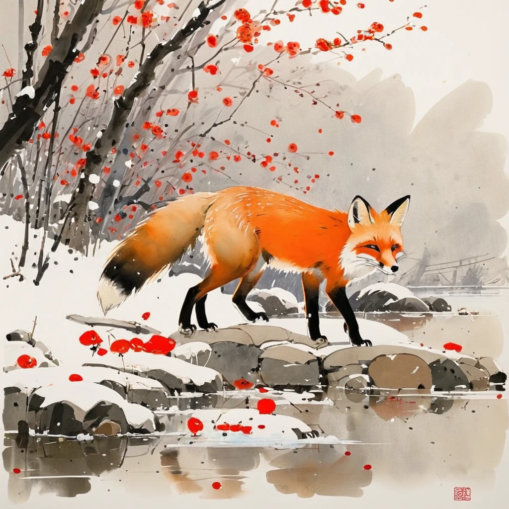 by Wu Guanzhong, paint and wash, red fox, (por Richard Scarry:0.6), (best qualityer, Perfect masterpiece, Representative work, offcial art, proffesional, High details, ultra intricate detailed:1.3)