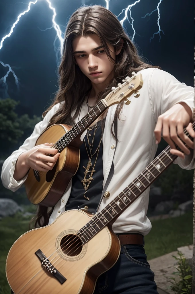 Marble sculpture of a teenage bard with long hair playing a banjo and lightning coming out around him