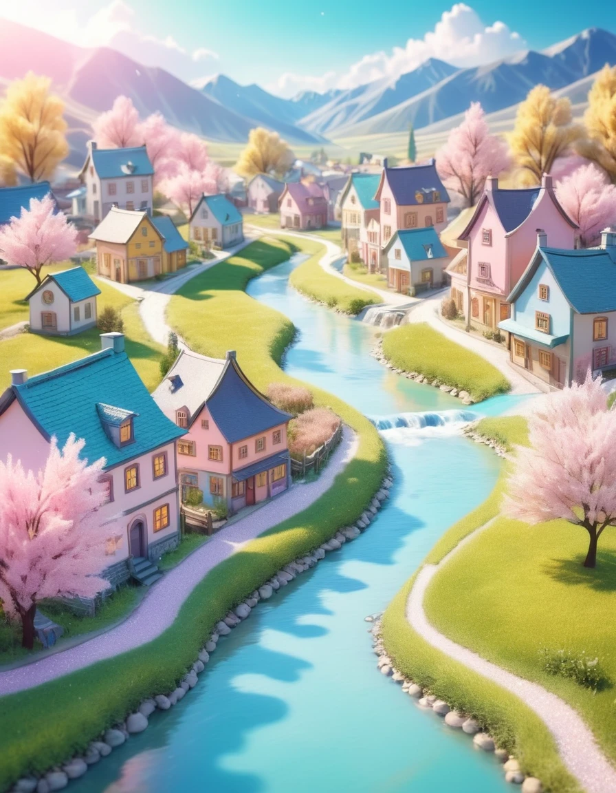 scenery of rural town with miniature river running through it, glitter effect, pastel color effect, fantasy art, conceptual installation art, 2.5D, delicate and dynamic