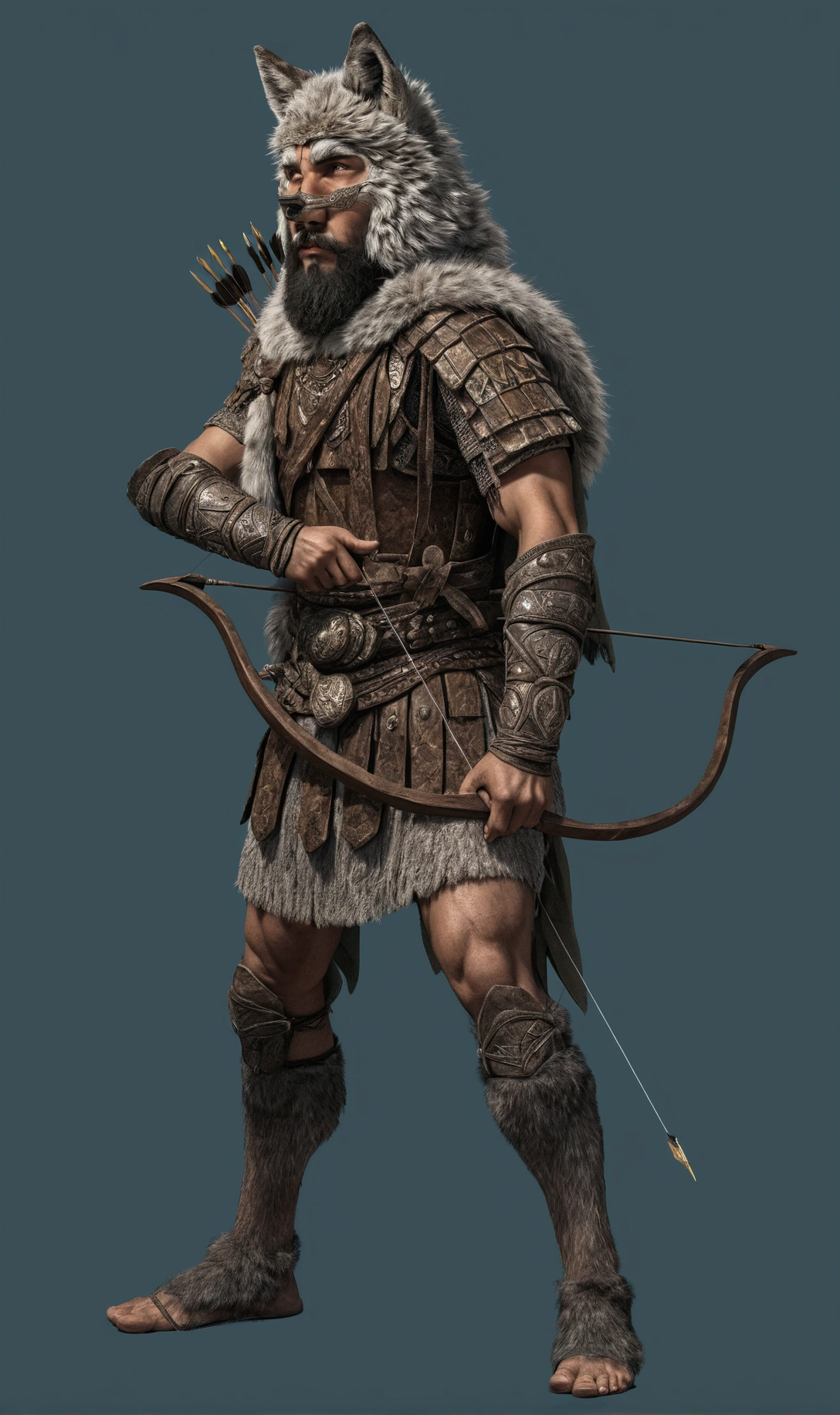 warrior with beard, carrying bow and arrow, wearing a wolf fur hat and cape, ancient mesopotamian warrior: ultra realistic and detailed image.