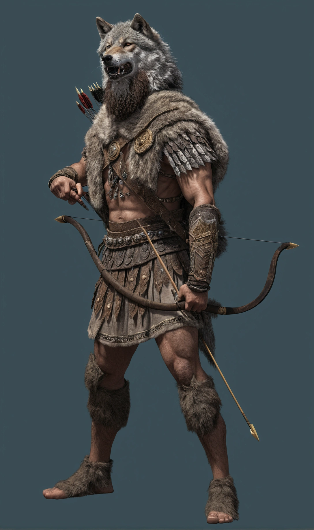 warrior with beard, carrying bow and arrow, wearing a wolf fur hat and cape, ancient mesopotamian warrior: ultra realistic and detailed image.