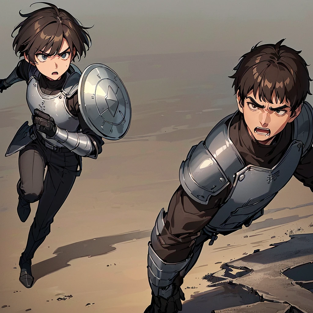 ((((Solo))))、((((Holding a round shield))))、Best illustrations、Best Quality、(((Simple grey armor、Black trousers、Black gloves、Short Hair、Brown Hair、20 year old man)))、(Old ruins、desert。Grass)、(Black, muddy swamp)、(get annoyed、Open your mouth、Get angry)、battlefield、(White background)