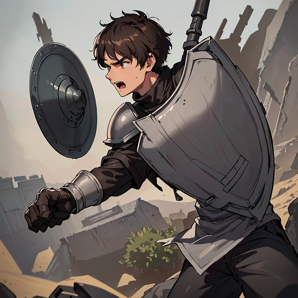 ((((Solo))))、((((Holding a round shield))))、Best illustrations、Best Quality、(((Simple grey armor、Black trousers、Black gloves、Short Hair、Brown Hair、20 year old man)))、(Old ruins、desert。Grass)、(Black, muddy swamp)、(get annoyed、Open your mouth、Get angry)、battlefield、(White background)