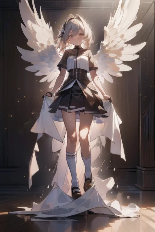 ((masterpiece)), ((Highest quality)), ((High resolution)), ((Highly detailed CG Unity 8k wallpaper)), alone, Tachibana Sonata, Brown uniform, Black Skirt, White socks, Outdoor, face, Beach, Hanging hair, Parted hair, Silver Hair、Seriously an angel、Fantasy