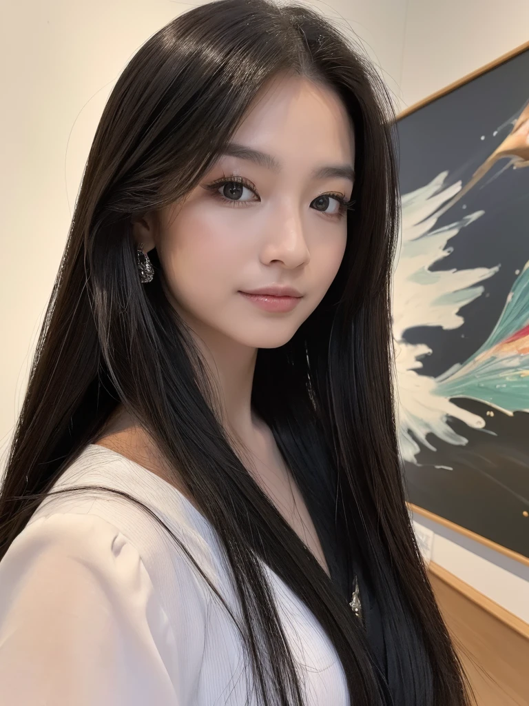 ((best qualityer, 8K, work of art: 1.3)), 1 girl, pretty, Longhaire black, Asian, estilo selfie