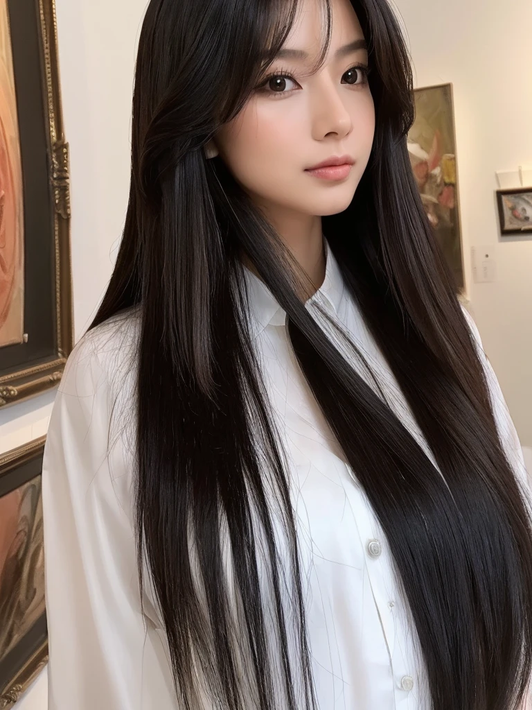 ((best qualityer, 8K, work of art: 1.3)), 1 girl, pretty, Longhaire black, Asian, estilo selfie